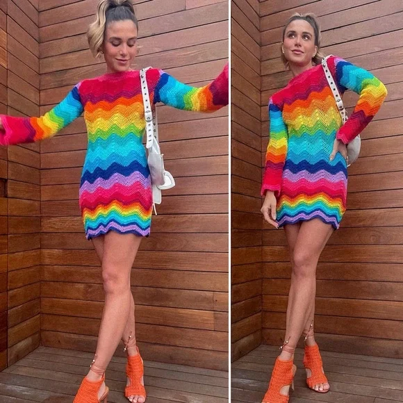 ALIX PINHO Rainbow Crochet Dress Handmade Boho Festival Maxi Multicolor - Picture 4 of 11